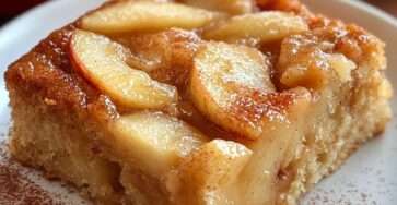 Gâteau fondant aux pommes et doré, avec tranches de pommes caramélisées sur le dessus et légère touche de cannelle