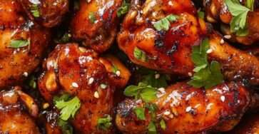Ailes de poulet caramélisées nappées de sauce sucrée épicée, brillantes, garnies de sésame et herbes fraîches dans une assiette