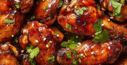 Ailes de poulet caramélisées nappées de sauce sucrée épicée, brillantes, garnies de sésame et herbes fraîches dans une assiette
