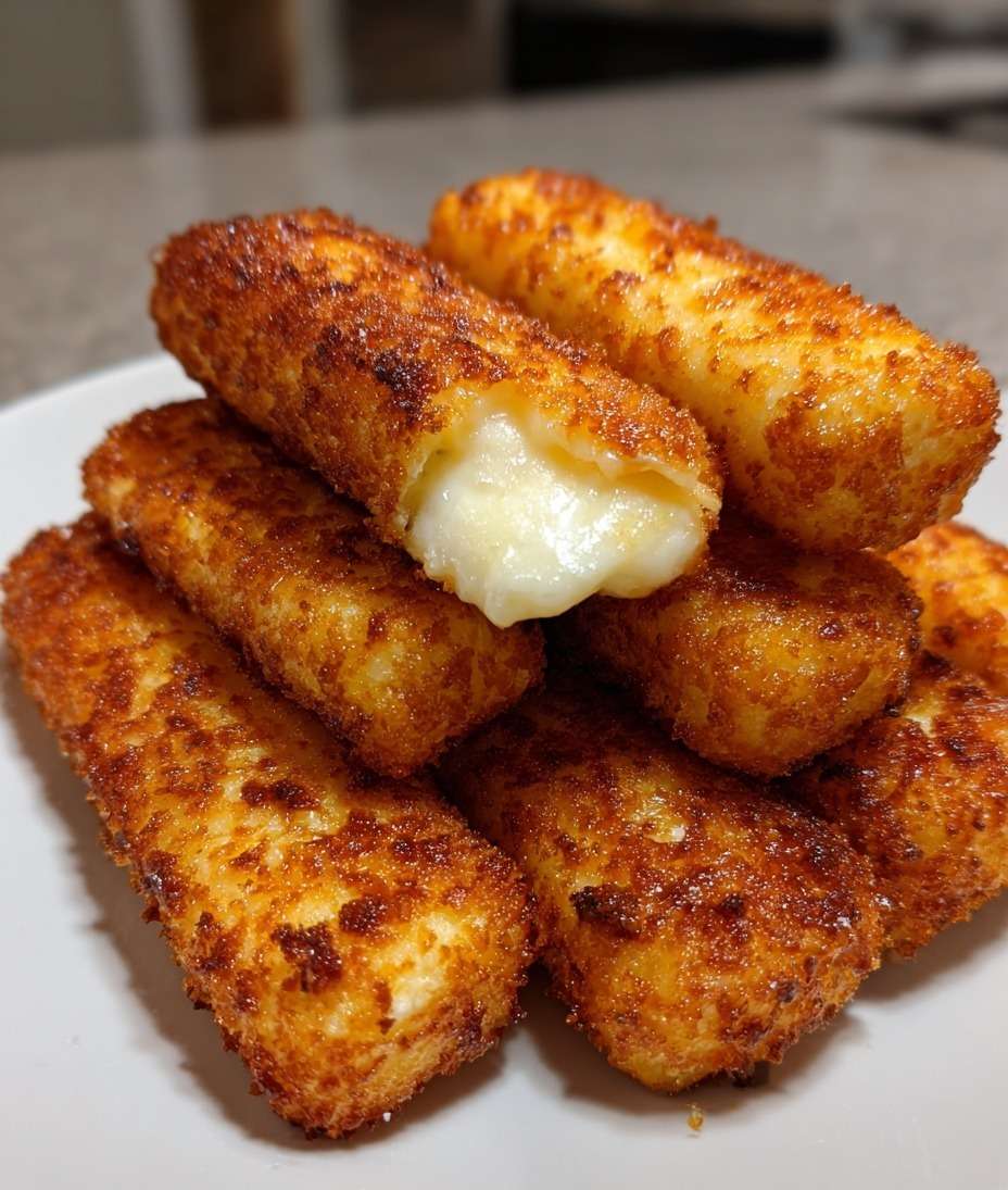 Bâtonnets au fromage croustillants cuits à l’air fryer, dorés à l’extérieur, fondants à l’intérieur, servis chauds sur une assiette pour un apéritif maison.