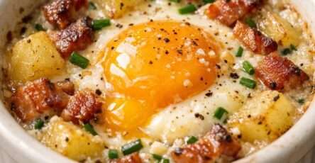 Deux œufs cocotte crémeux servis en ramequins avec pommes de terre fondantes, lard fumé croustillant, ciboulette fraîche et jaune coulant.