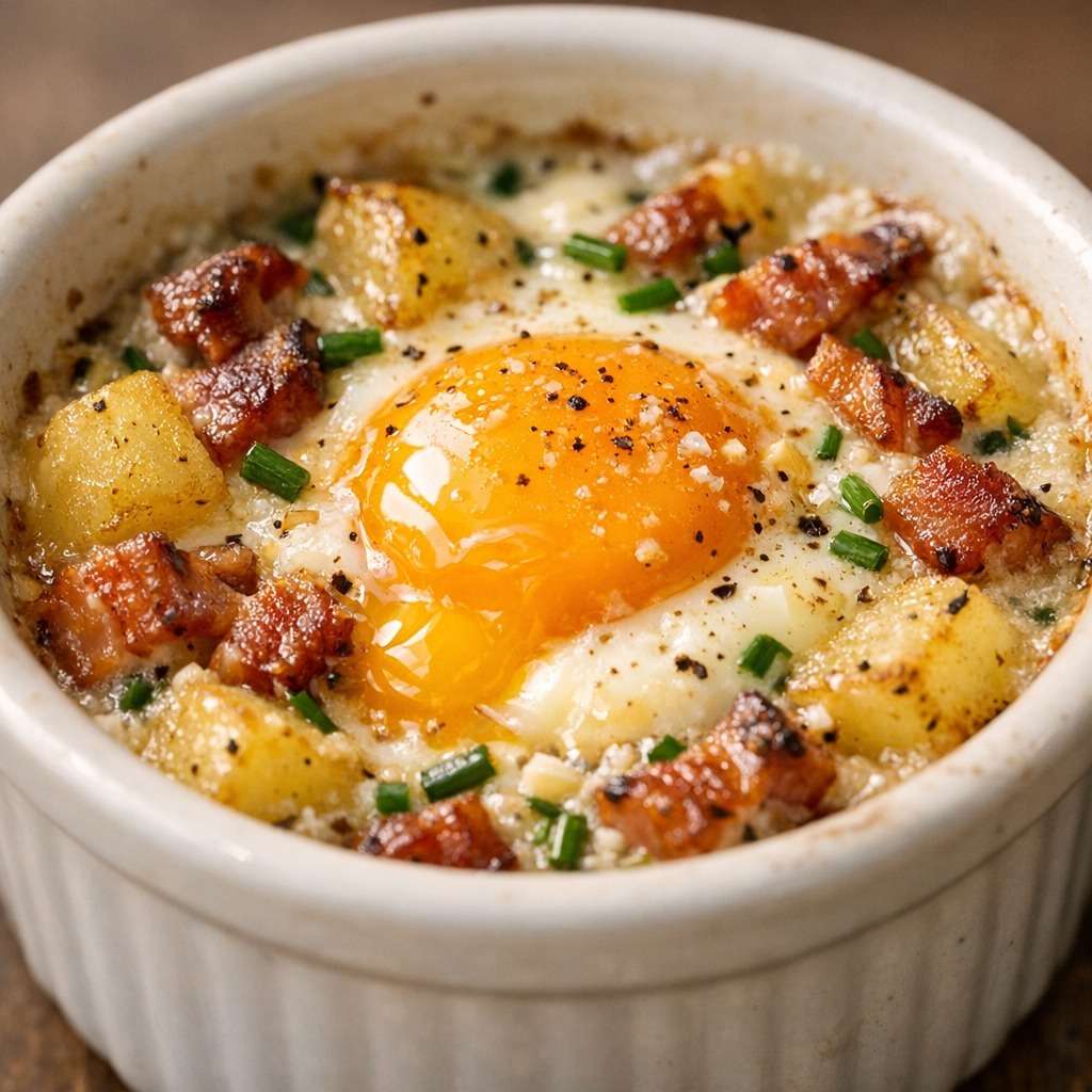 Deux œufs cocotte crémeux servis en ramequins avec pommes de terre fondantes, lard fumé croustillant, ciboulette fraîche et jaune coulant.