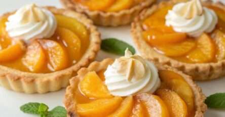 Tartelettes aux pêches et crème légère, garnies de lamelles de fruits frais brillants et d’une crème onctueuse, présentées sur une assiette élégante.