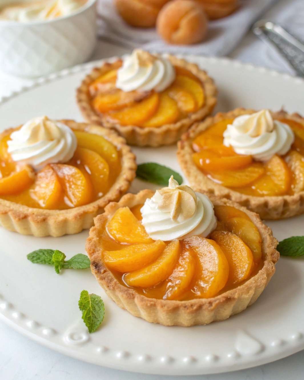 Tartelettes aux pêches et crème légère, garnies de lamelles de fruits frais brillants et d’une crème onctueuse, présentées sur une assiette élégante.