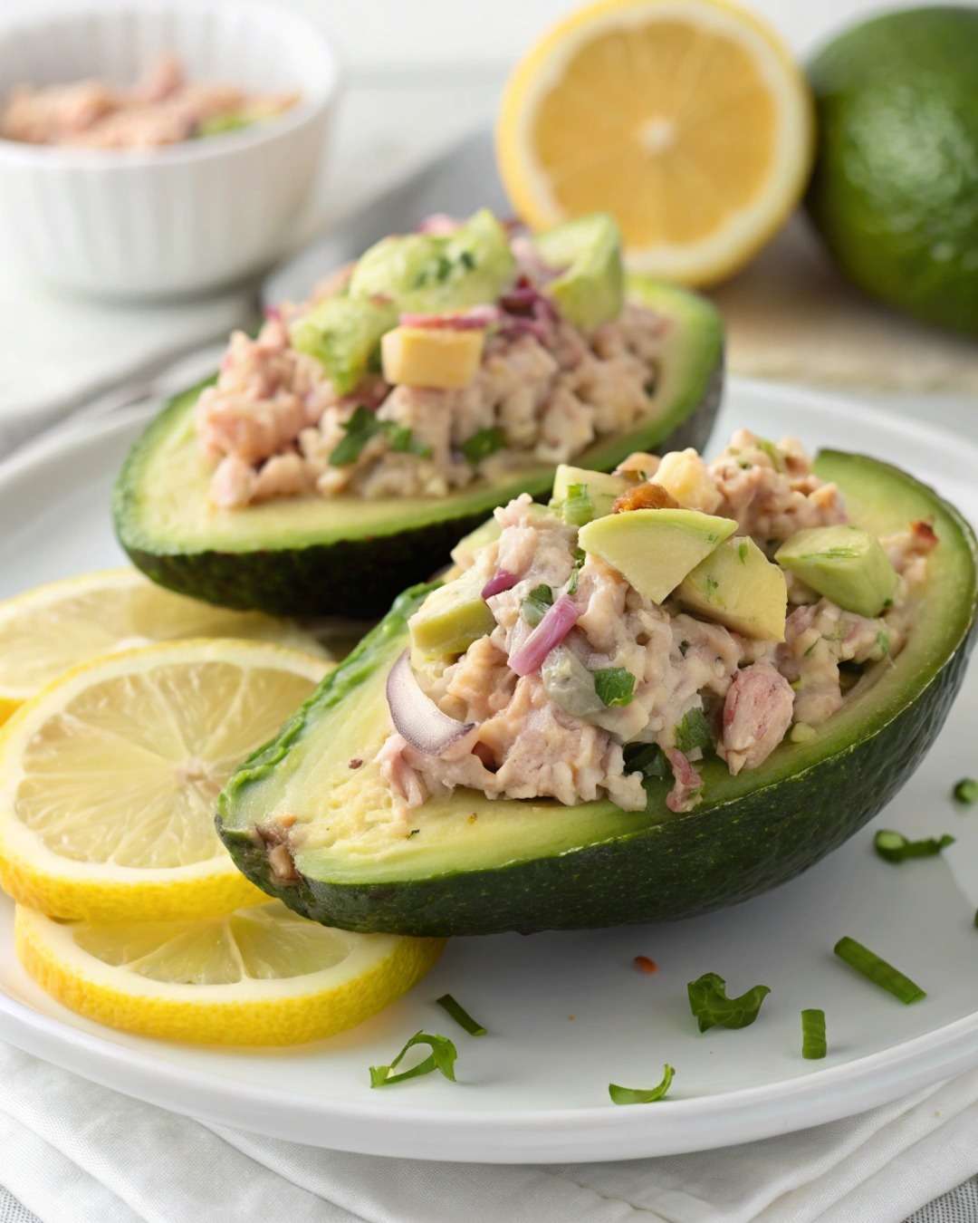 Avocats farcis au thon crémeux avec yaourt grec, citron et cornichons, servis frais avec une texture onctueuse et une présentation élégante.