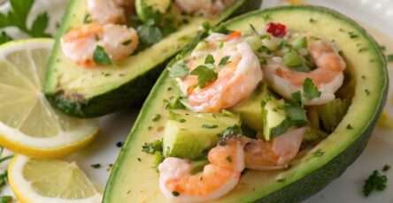 Avocats farcis aux crevettes citronnées avec yaourt grec et aneth, servis bien frais, texture crémeuse et garniture savoureuse.