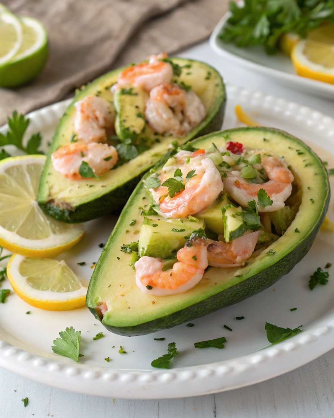 Avocats farcis aux crevettes citronnées avec yaourt grec et aneth, servis bien frais, texture crémeuse et garniture savoureuse.