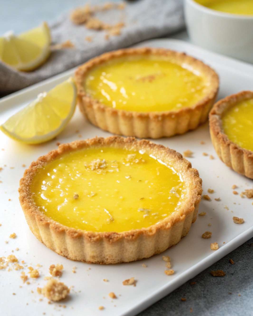 Tartelettes au citron garnies d’une crème lisse et brillante, décorées de zestes de citron frais, présentées sur une assiette élégante.