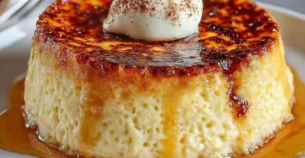 Flan du boulanger avec surface dorée légèrement caramélisée, texture crémeuse et coupe nette révélant un intérieur fondant.