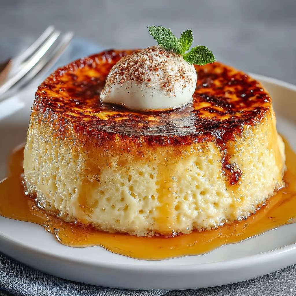 Flan du boulanger avec surface dorée légèrement caramélisée, texture crémeuse et coupe nette révélant un intérieur fondant.