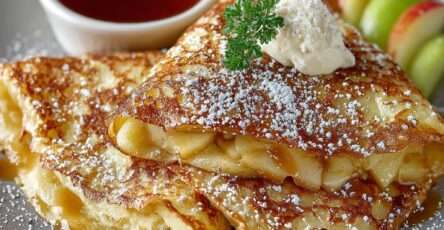 Crêpes aux pommes caramélisées fondantes, saupoudrées de sucre glace et nappées de sirop d’érable, servies chaudes.