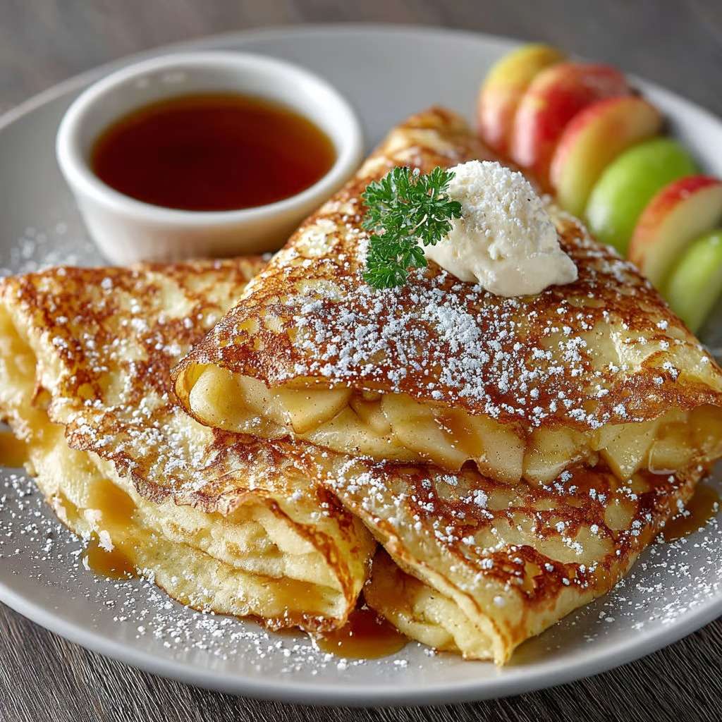 Crêpes aux pommes caramélisées fondantes, saupoudrées de sucre glace et nappées de sirop d’érable, servies chaudes.