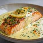 Pavés de saumon au four nappés d’une sauce crémeuse au citron, garnis de rondelles de citron et d’herbes fraîches dans un plat de cuisson.