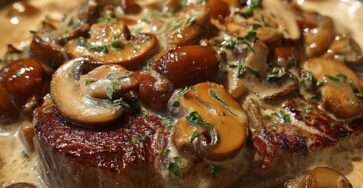 Joues de bœuf mijotées avec champignons dans une sauce crémeuse, servies chaudes avec persil frais dans une cocotte rustique.