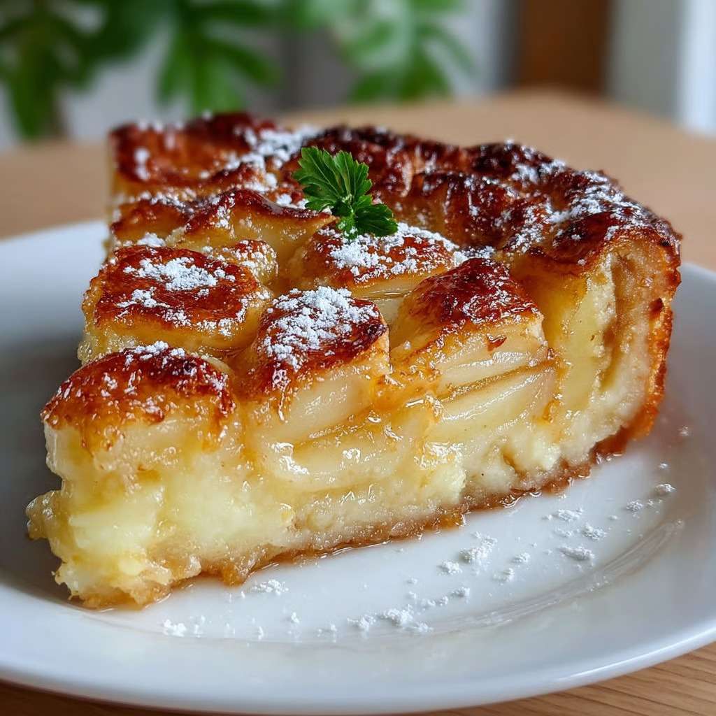 Tarte aux pommes crémeuse dorée au four avec lamelles de pommes fondantes et surface légèrement caramélisée, saupoudrée de sucre glace.