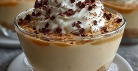 Verrines de crème au café surmontées de chantilly maison, avec biscuits émiettés et copeaux de chocolat, présentées en couches élégantes.