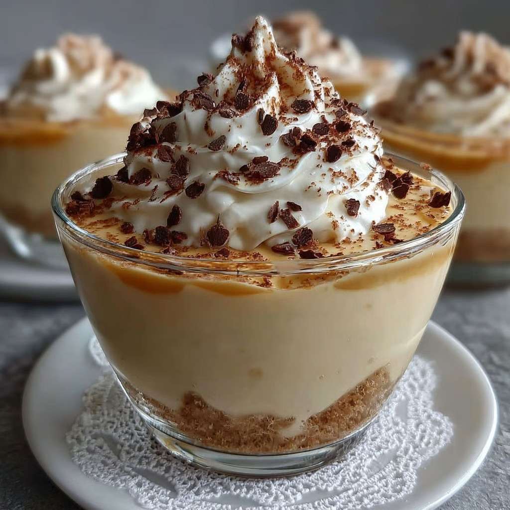 Verrines de crème au café surmontées de chantilly maison, avec biscuits émiettés et copeaux de chocolat, présentées en couches élégantes.