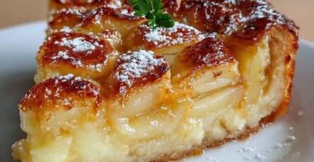Tarte aux pommes crémeuse dorée au four avec lamelles de pommes fondantes, crème prise et surface légèrement caramélisée, saupoudrée de sucre glace.