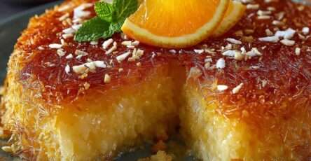 Gâteau grec à l’orange et noix de coco imbibé de sirop, texture moelleuse, décoré de zestes d’orange et de coco râpée sur le dessus.