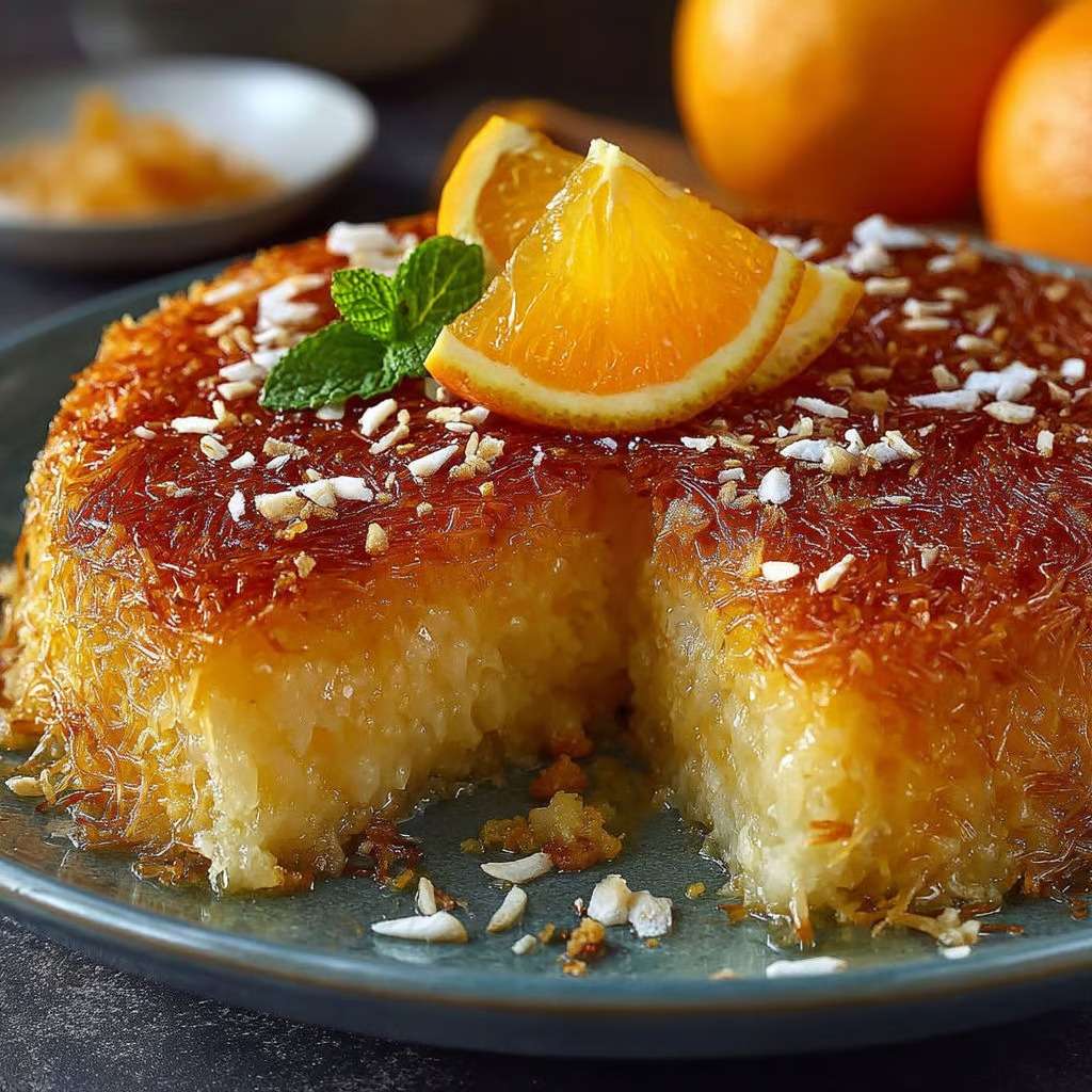 Gâteau grec à l’orange et noix de coco imbibé de sirop, texture moelleuse, décoré de zestes d’orange et de coco râpée sur le dessus.