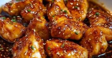 Morceaux de poulet teriyaki brillants nappés de sauce sucrée-salée, garnis de graines de sésame et d’oignons verts, servis avec du riz.