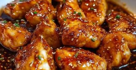 Morceaux de poulet teriyaki brillants nappés de sauce sucrée-salée, garnis de graines de sésame et d’oignons verts, servis avec du riz.