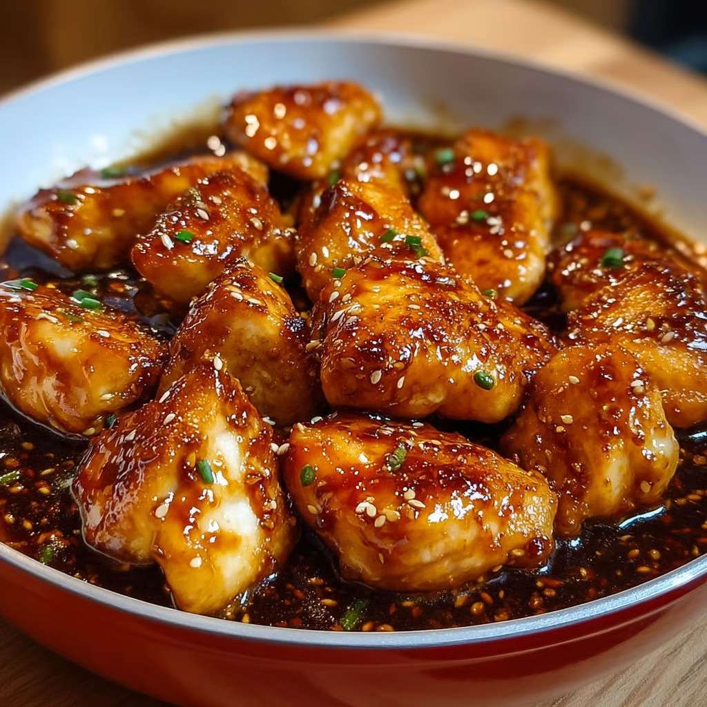 Morceaux de poulet teriyaki brillants nappés de sauce sucrée-salée, garnis de graines de sésame et d’oignons verts, servis avec du riz.