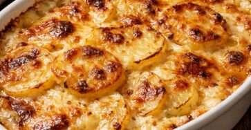 Gratin dauphinois traditionnel servi dans un plat en céramique, avec fines rondelles de pommes de terre fondantes, crème onctueuse et surface légèrement dorée.