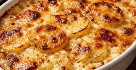 Gratin dauphinois traditionnel servi dans un plat en céramique, avec fines rondelles de pommes de terre fondantes, crème onctueuse et surface légèrement dorée.