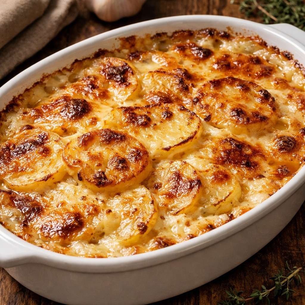 Gratin dauphinois traditionnel servi dans un plat en céramique, avec fines rondelles de pommes de terre fondantes, crème onctueuse et surface légèrement dorée.