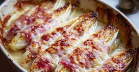 Roulés d’endives au jambon nappés de sauce béchamel et gratinés au four, servis dans un plat doré avec fromage fondu et surface légèrement croustillante.