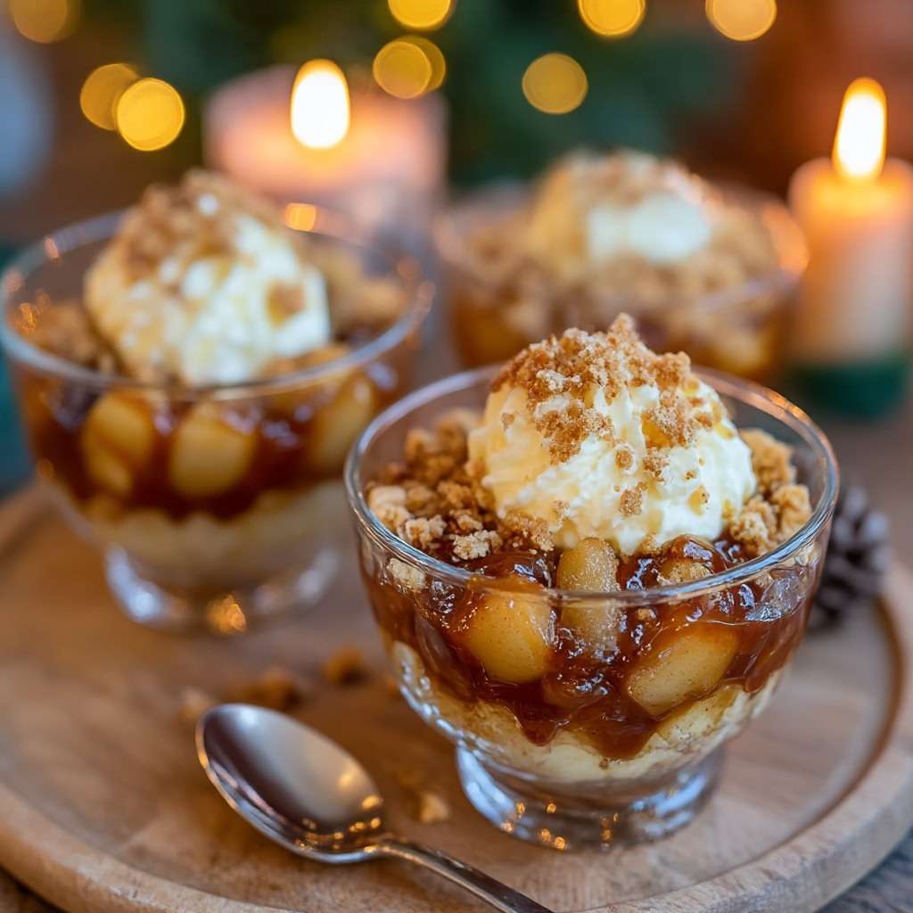 verrine pomme caramélisées avec crème onctueuse et crumble de biscuits sablés, nappées de caramel, présentées en couches gourmandes.