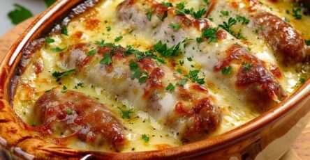 Andouillettes gratinées au four avec sauce crémeuse à la moutarde et fromage doré, servies dans un plat chaud avec surface croustillante.