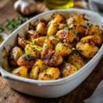 Pommes de terre rôties au four avec ail et herbes, dorées et croustillantes, servies sur une plaque avec persil frais.