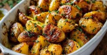 Pommes de terre rôties au four avec ail et herbes, dorées et croustillantes, servies sur une plaque avec persil frais.