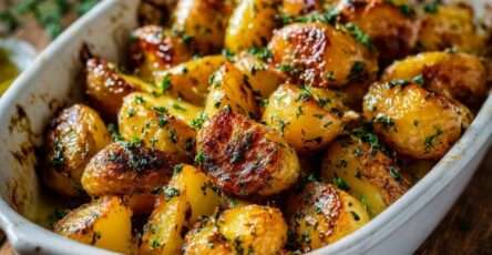 Pommes de terre rôties au four avec ail et herbes, dorées et croustillantes, servies sur une plaque avec persil frais.