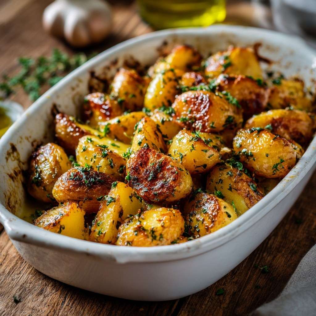 Pommes de terre rôties au four avec ail et herbes, dorées et croustillantes, servies sur une plaque avec persil frais.