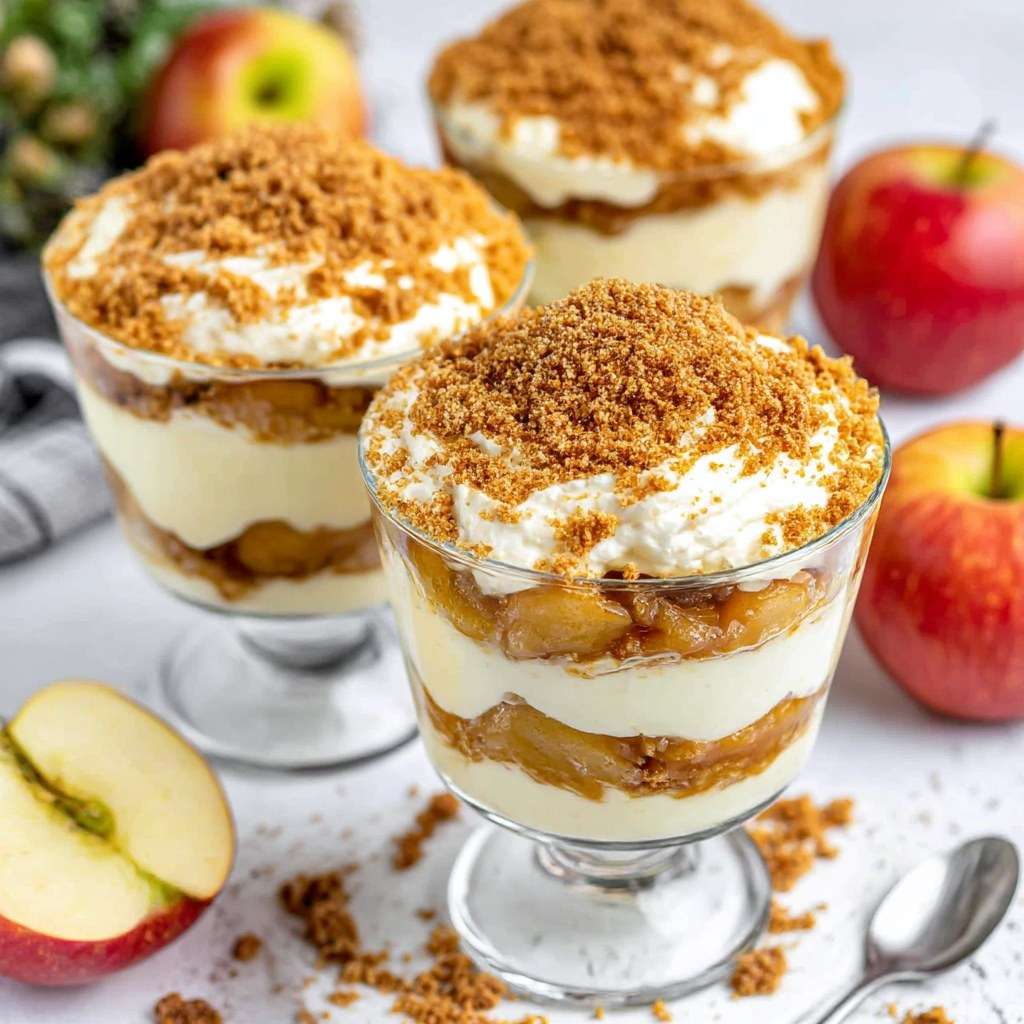 Verrines de pommes caramélisées à la cannelle avec mascarpone crémeux et spéculoos émiettés, présentées en couches gourmandes.