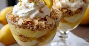 Verrines de citron lemon curd avec chantilly aérienne, meringue émiettée et crumble de biscuits sablés, présentées en couches gourmandes.