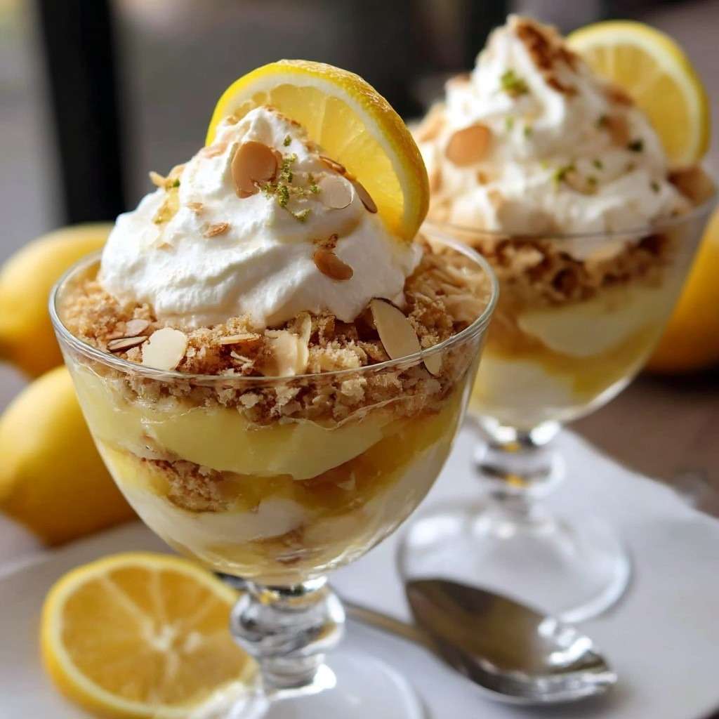 Verrines de citron lemon curd avec chantilly aérienne, meringue émiettée et crumble de biscuits sablés, présentées en couches gourmandes.