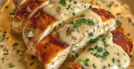 Assiette de poulet au Boursin nappé d’une sauce crémeuse à l’ail et aux fines herbes, servi chaud avec du persil frais dans une ambiance gourmande.