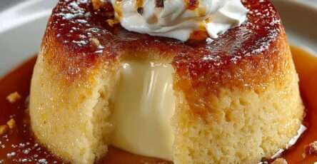 Gâteau de semoule vanillé nappé de caramel doré, texture fondante et crémeuse, présenté en part avec une belle brillance gourmande.