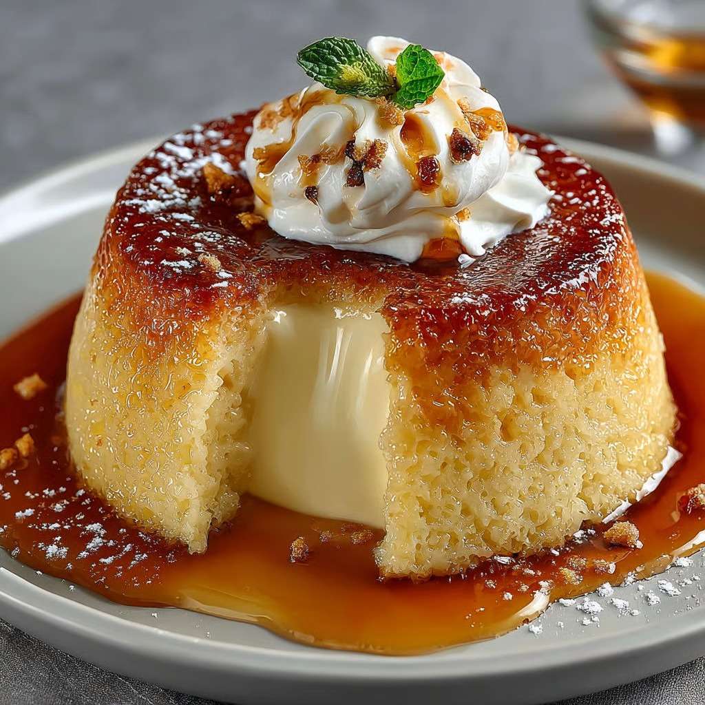 Gâteau de semoule vanillé nappé de caramel doré, texture fondante et crémeuse, présenté en part avec une belle brillance gourmande.