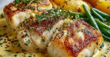 Assiette de colin à l’aïoli avec pommes de terre et haricots verts, nappée d’une sauce crémeuse à l’ail et décorée de persil frais.