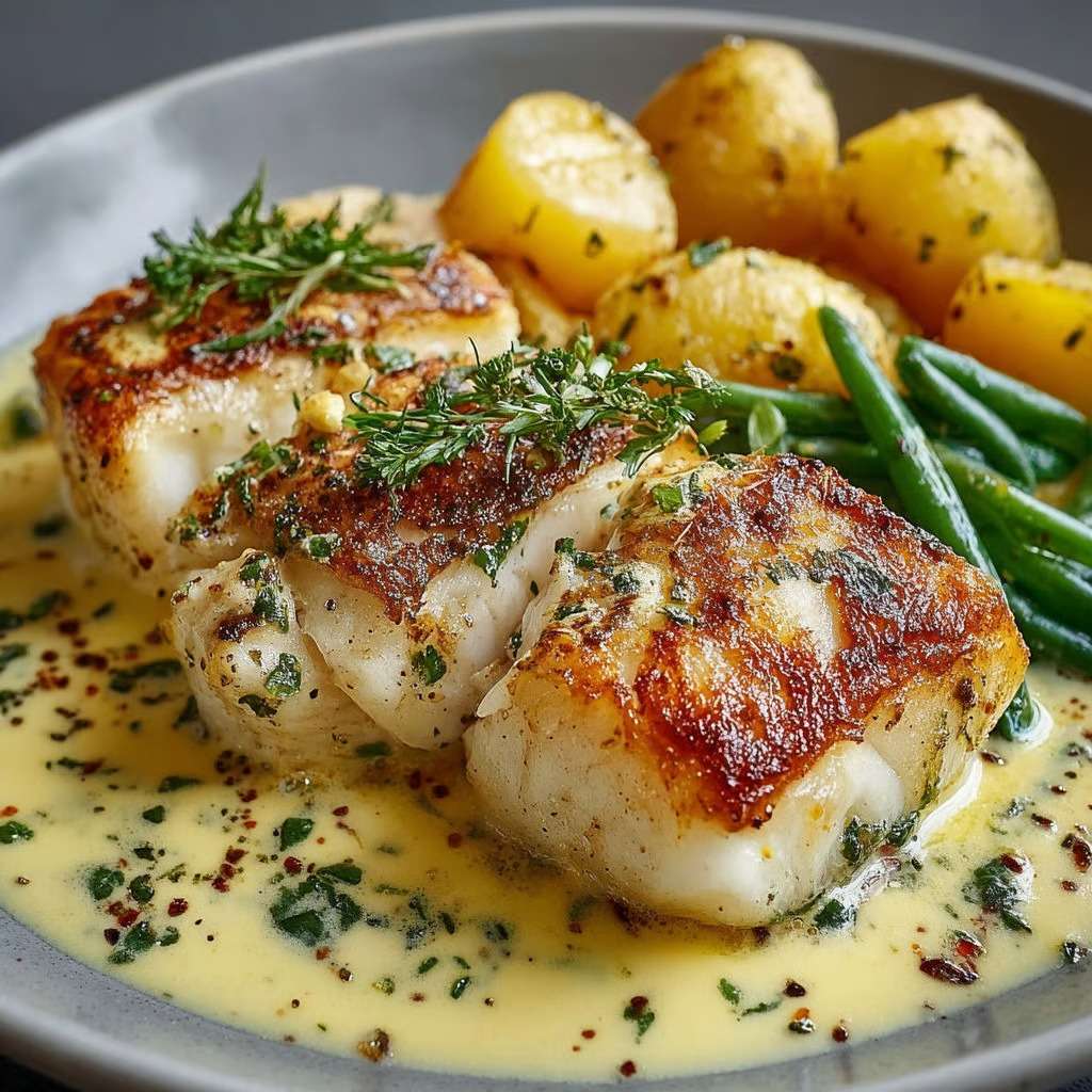 Assiette de colin à l’aïoli avec pommes de terre et haricots verts, nappée d’une sauce crémeuse à l’ail et décorée de persil frais.