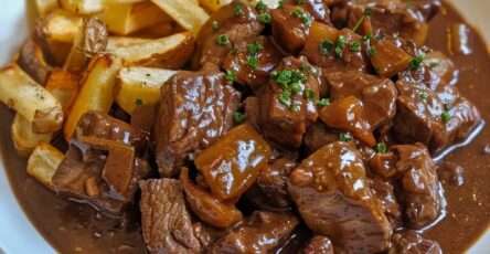 Plat de carbonade flamande avec morceaux de bœuf fondants dans une sauce brune à la bière, accompagné de frites croustillantes dorées.