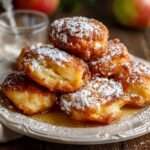 Beignets aux pommes dorés à la poêle, texture moelleuse à l’intérieur et croustillante à l’extérieur, saupoudrés de sucre glace.