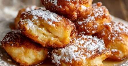 Beignets aux pommes dorés à la poêle, texture moelleuse à l’intérieur et croustillante à l’extérieur, saupoudrés de sucre glace.