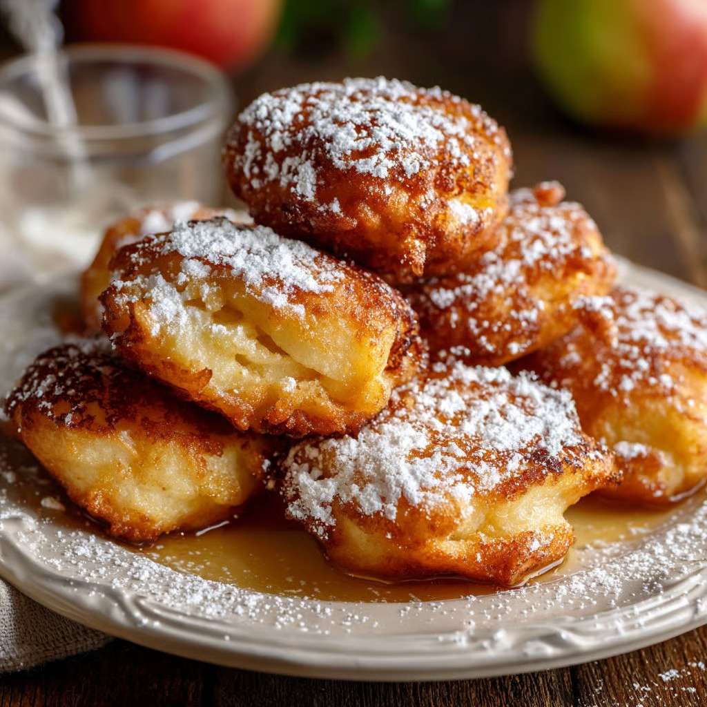 Beignets aux pommes dorés à la poêle, texture moelleuse à l’intérieur et croustillante à l’extérieur, saupoudrés de sucre glace.
