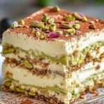 Verrine de tiramisu à la pistache avec couches de crème mascarpone verte, biscuits imbibés et éclats de pistaches sur le dessus.